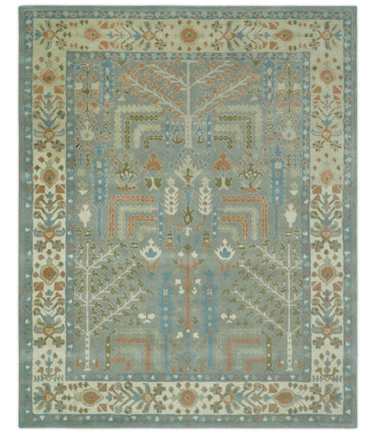 Tree of life Traditional Floral Gray, Beige, Green and Dark Peach Hand Tufted wool Area Rug.
