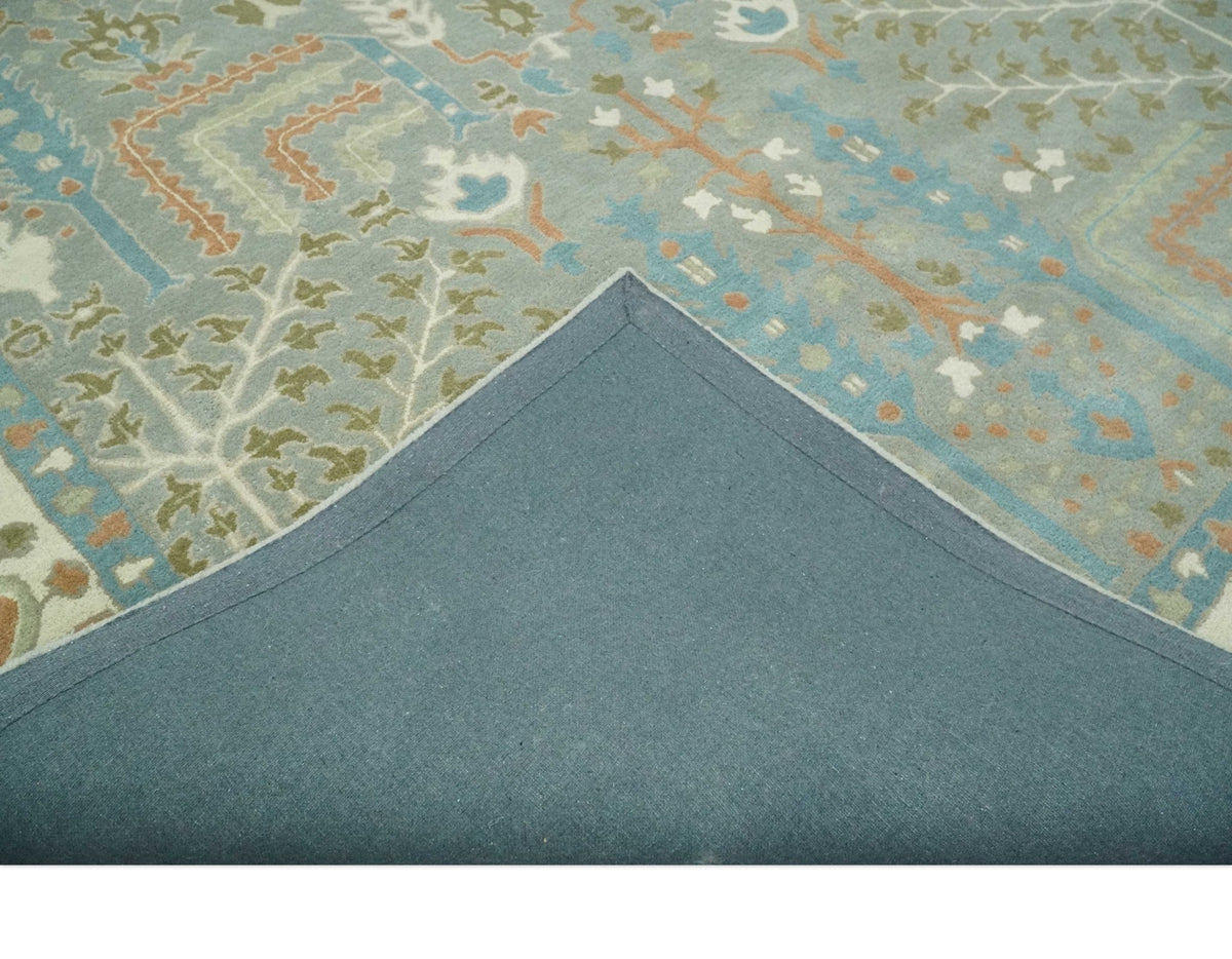 Tree of life Traditional Floral Gray, Beige, Green and Dark Peach Hand Tufted wool Area Rug.