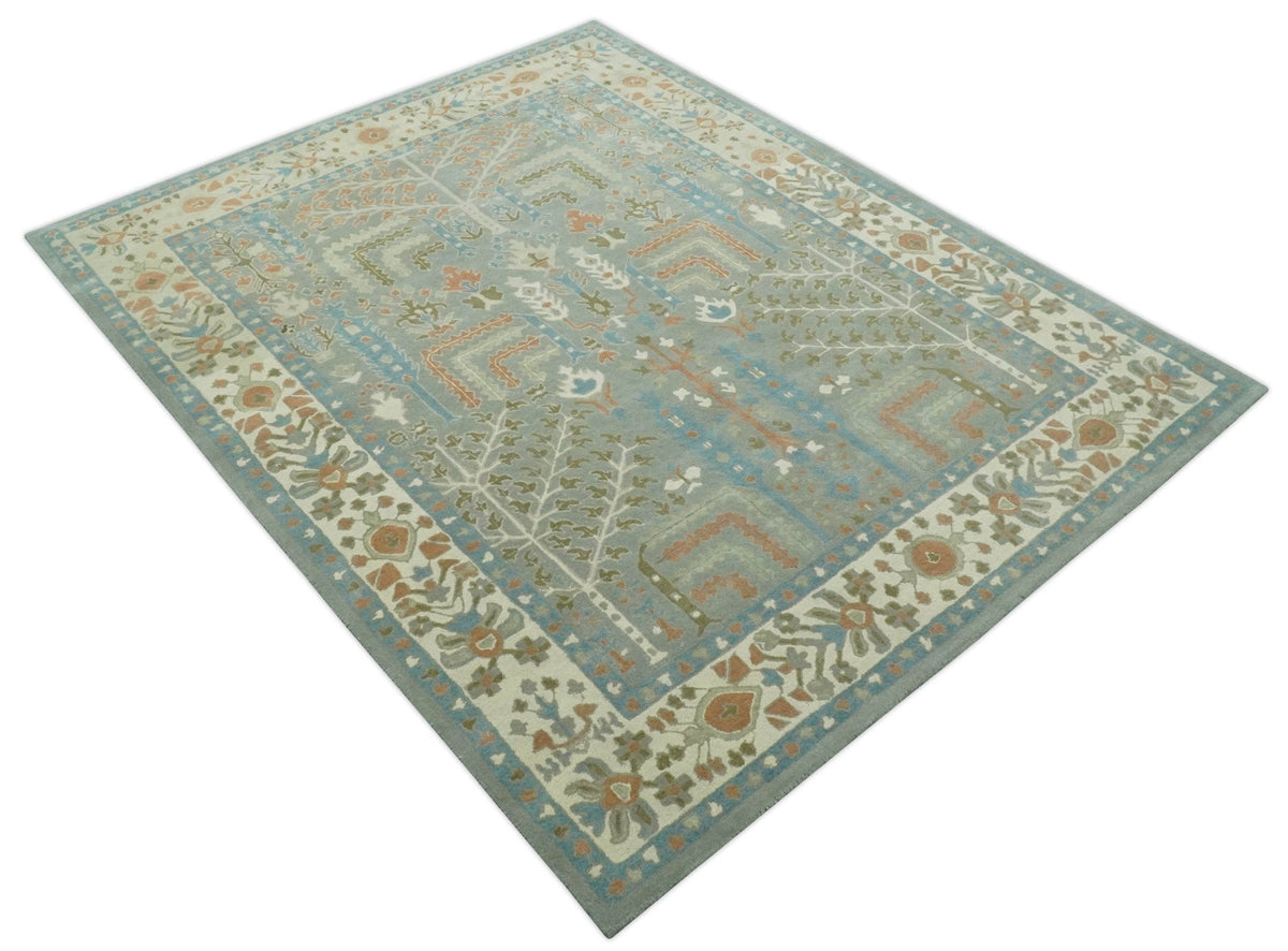Tree of life Traditional Floral Gray, Beige, Green and Dark Peach Hand Tufted wool Area Rug.