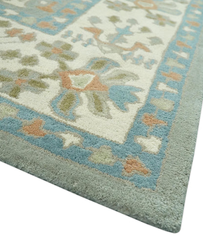 Tree of life Traditional Floral Gray, Beige, Green and Dark Peach Hand Tufted wool Area Rug.