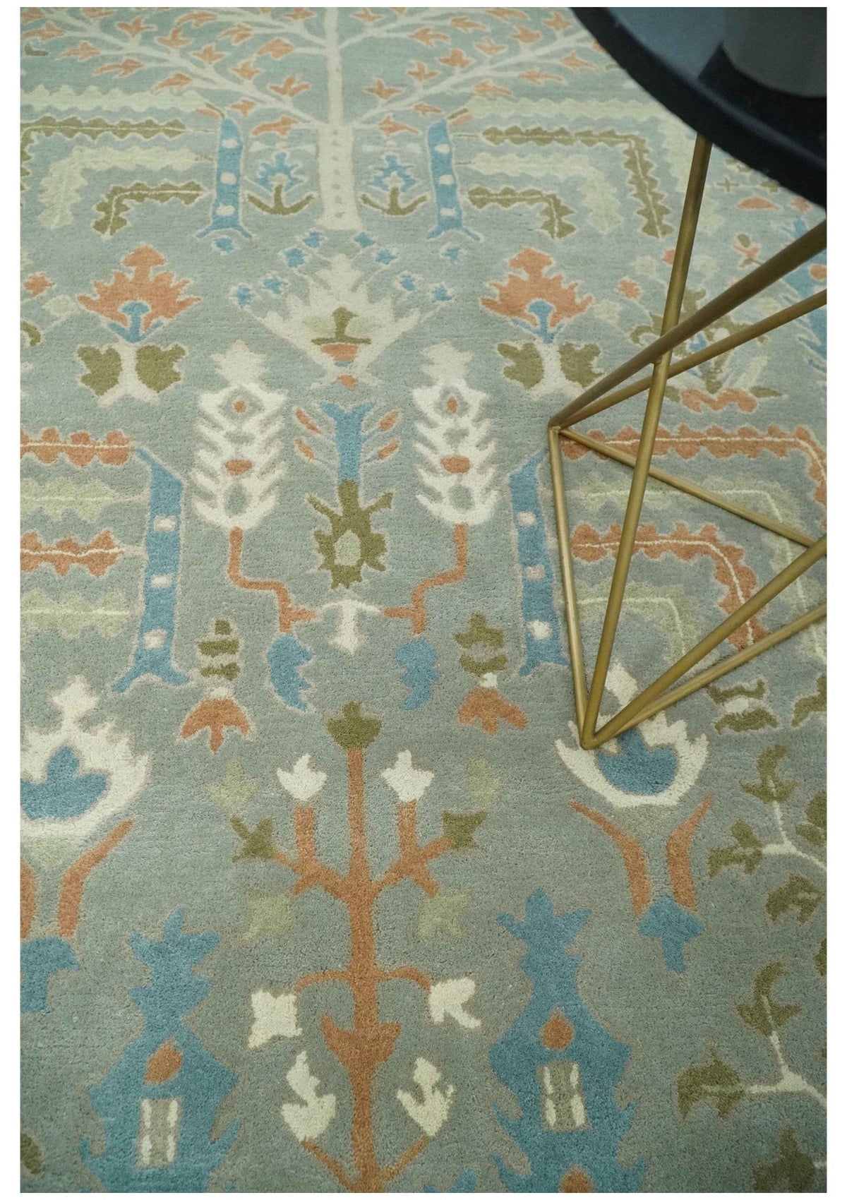 Tree of life Traditional Floral Gray, Beige, Green and Dark Peach Hand Tufted wool Area Rug.