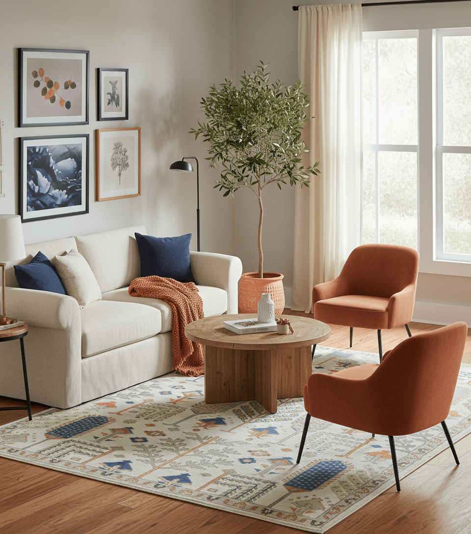 Tree of life Traditional Floral Ivory, Blue and Rust Hand Knotted Multi Size Wool Area Rug.
