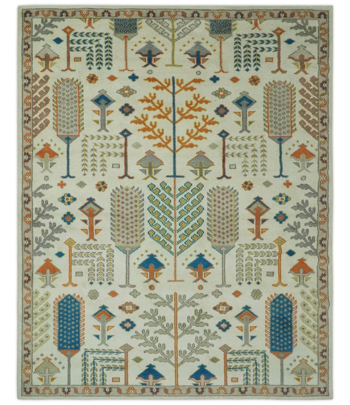 Tree of life Traditional Floral Ivory, Blue and Rust Hand Knotted Multi Size Wool Area Rug.