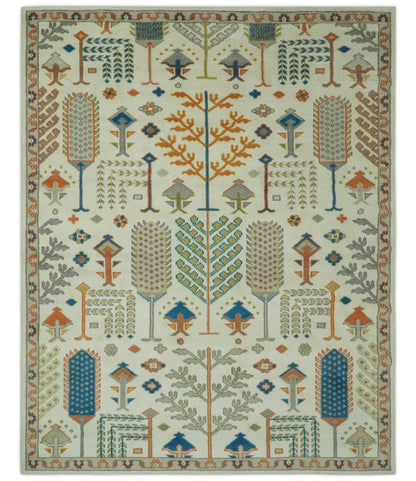 Tree of life Traditional Floral Ivory, Blue and Rust Hand Knotted Multi Size Wool Area Rug.