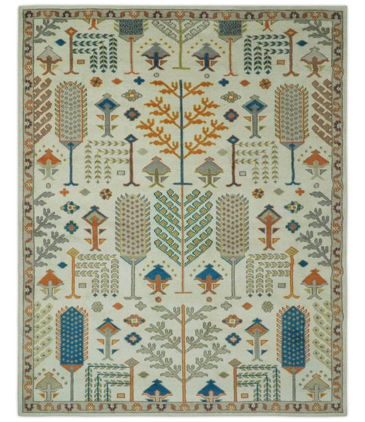 Tree of life Traditional Floral Ivory, Blue and Rust Hand Knotted Multi Size Wool Area Rug.