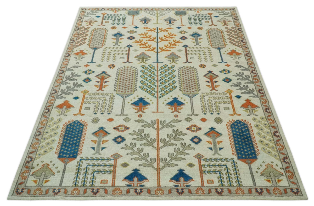 Tree of life Traditional Floral Ivory, Blue and Rust Hand Knotted Multi Size Wool Area Rug.