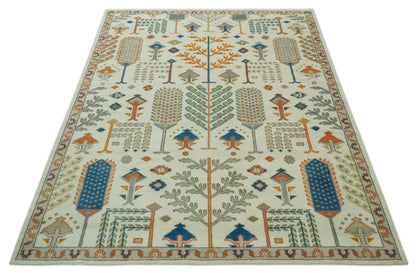 Tree of life Traditional Floral Ivory, Blue and Rust Hand Knotted Multi Size Wool Area Rug.