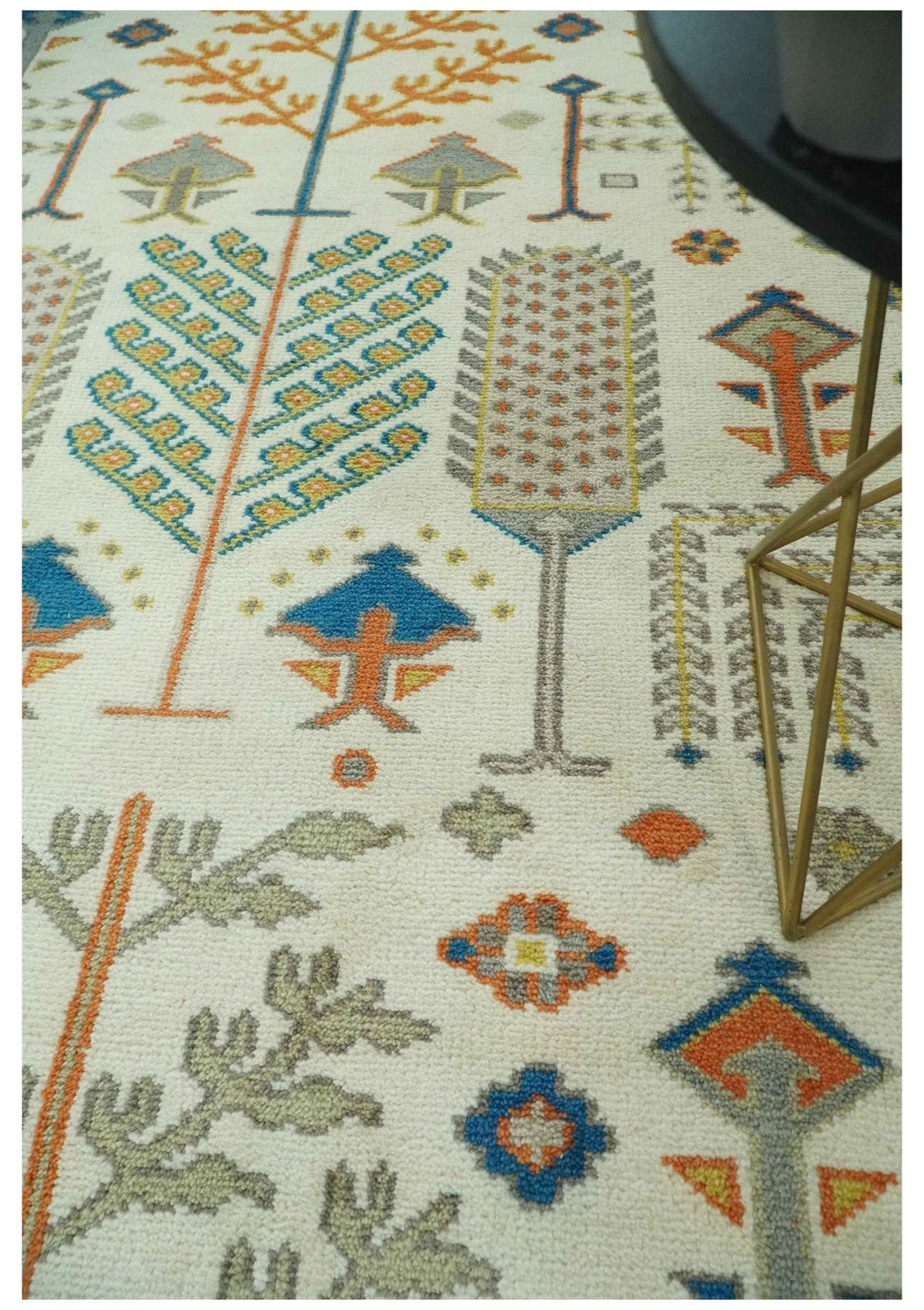 Tree of life Traditional Floral Ivory, Blue and Rust Hand Knotted Multi Size Wool Area Rug.