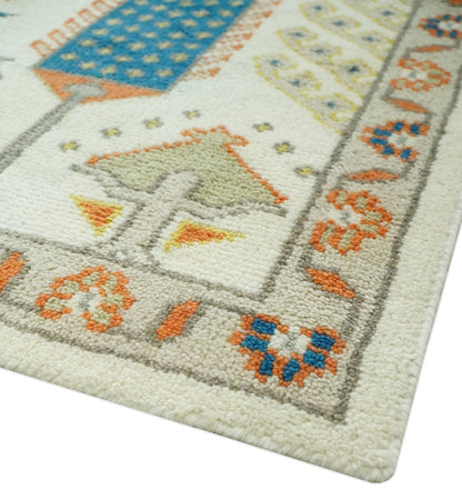 Tree of life Traditional Floral Ivory, Blue and Rust Hand Knotted Multi Size Wool Area Rug.