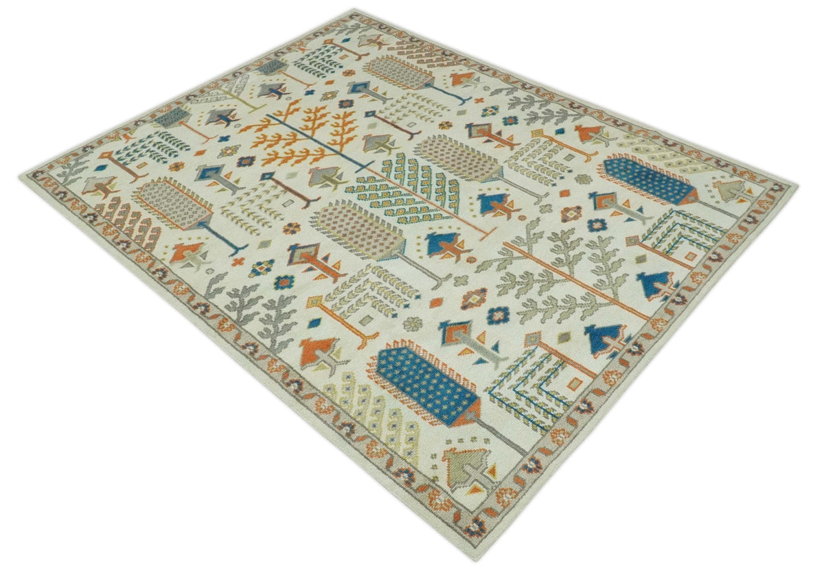 Tree of life Traditional Floral Ivory, Blue and Rust Hand Knotted Multi Size Wool Area Rug.