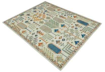 Tree of life Traditional Floral Ivory, Blue and Rust Hand Knotted Multi Size Wool Area Rug.