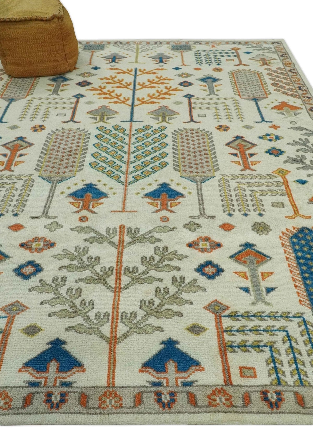 Tree of life Traditional Floral Ivory, Blue and Rust Hand Knotted Multi Size Wool Area Rug.