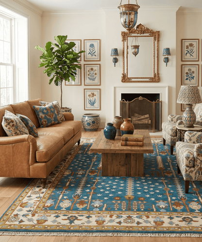 Tree of Life Traditional Hand Knotted Teal Blue and Ivory Custom Made Wool Area Rug.