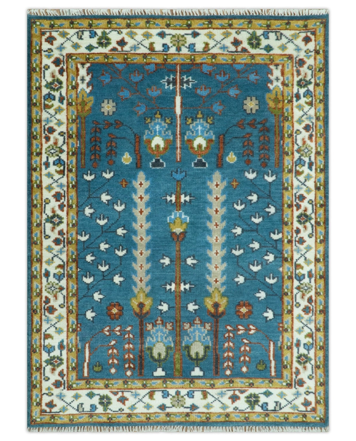 Tree of Life Traditional Hand Knotted Teal Blue and Ivory Custom Made Wool Area Rug.