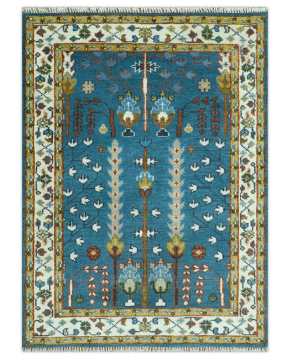 Tree of Life Traditional Hand Knotted Teal Blue and Ivory Custom Made Wool Area Rug.