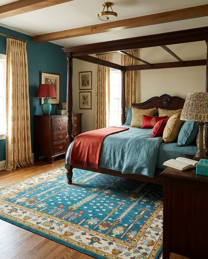 Tree of Life Traditional Hand Knotted Teal Blue and Ivory Custom Made Wool Area Rug.