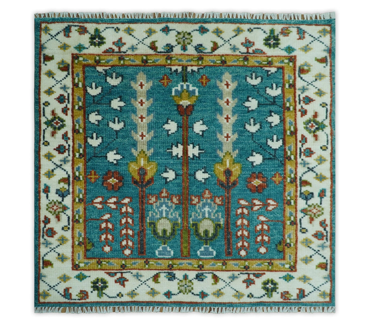 Tree of Life Traditional Hand Knotted Teal Blue and Ivory Custom Made Wool Area Rug.