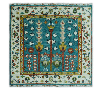 Tree of Life Traditional Hand Knotted Teal Blue and Ivory Custom Made Wool Area Rug.