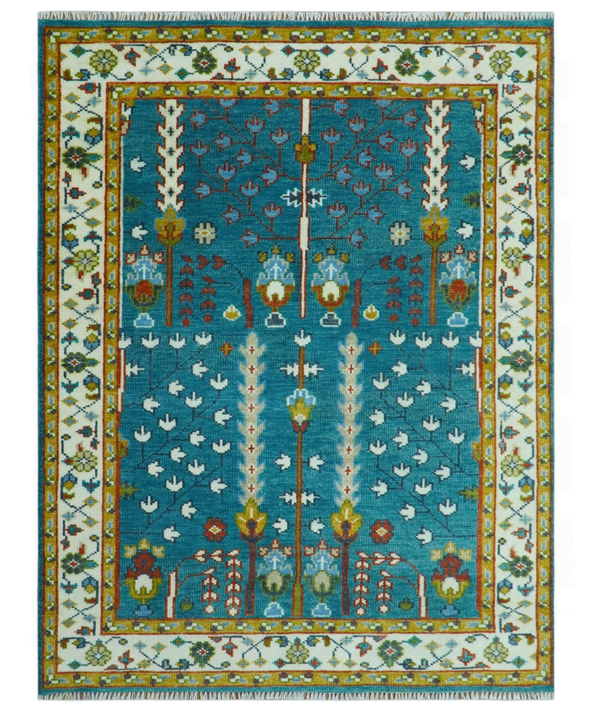Tree of Life Traditional Hand Knotted Teal Blue and Ivory Custom Made Wool Area Rug.