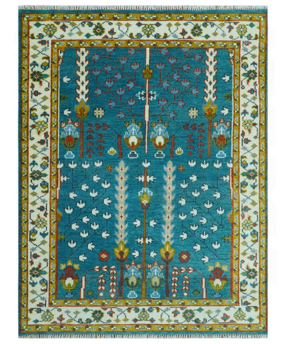 Tree of Life Traditional Hand Knotted Teal Blue and Ivory Custom Made Wool Area Rug.