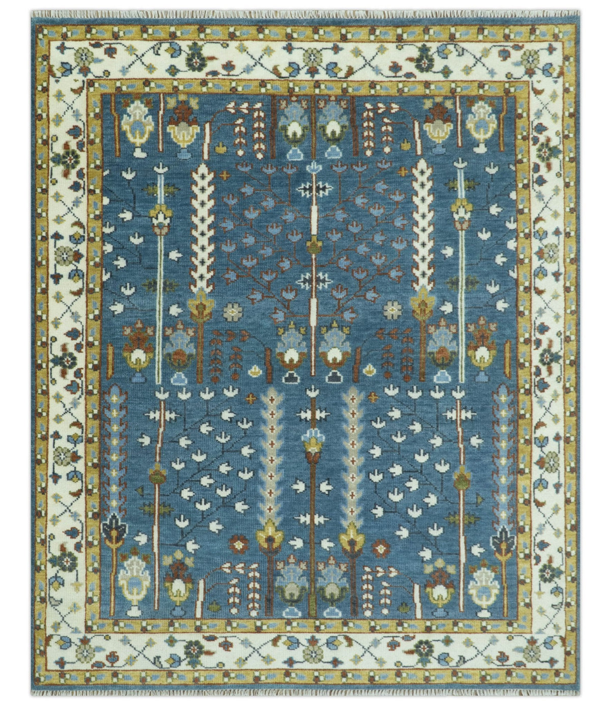 Tree of Life Traditional Hand Knotted Teal Blue and Ivory Custom Made Wool Area Rug.