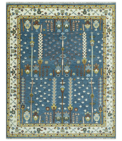 Tree of Life Traditional Hand Knotted Teal Blue and Ivory Custom Made Wool Area Rug.