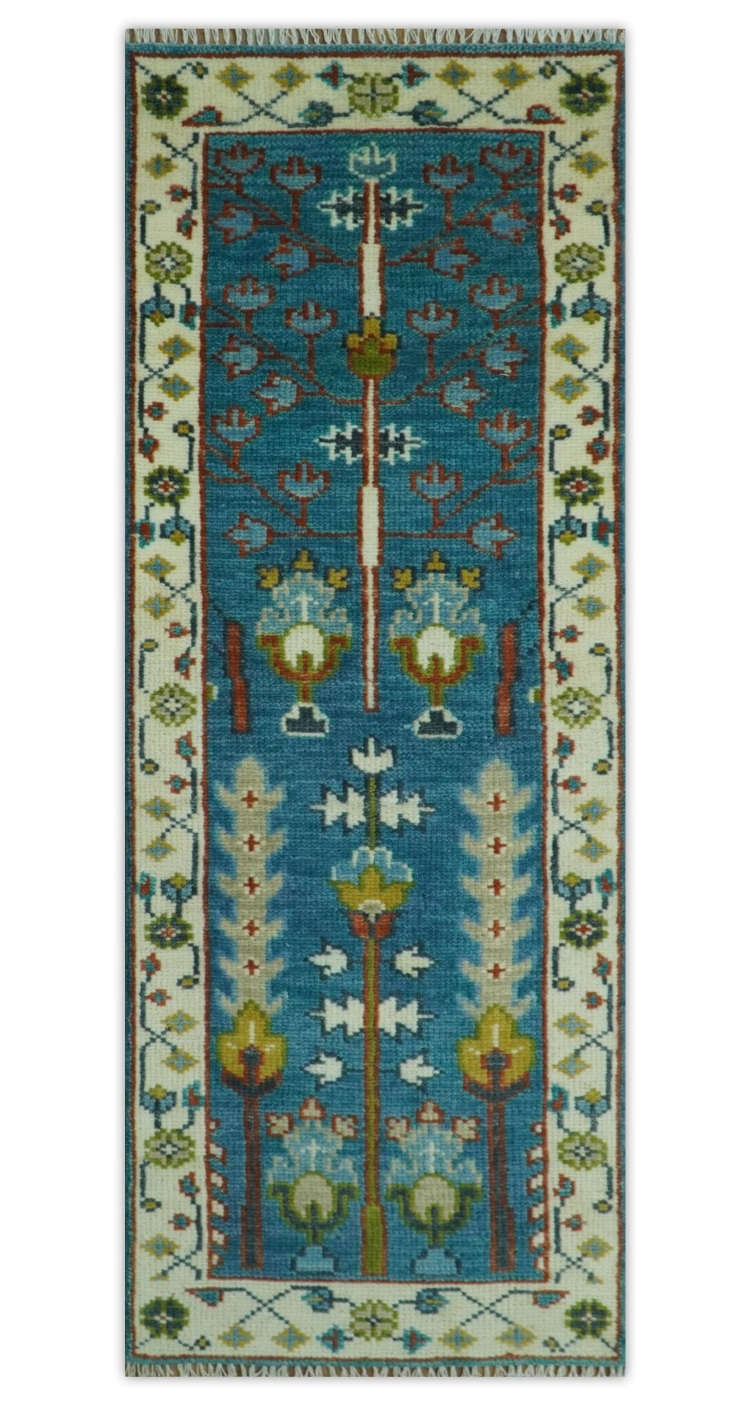 Tree of Life Traditional Hand Knotted Teal Blue and Ivory Custom Made Wool Area Rug.
