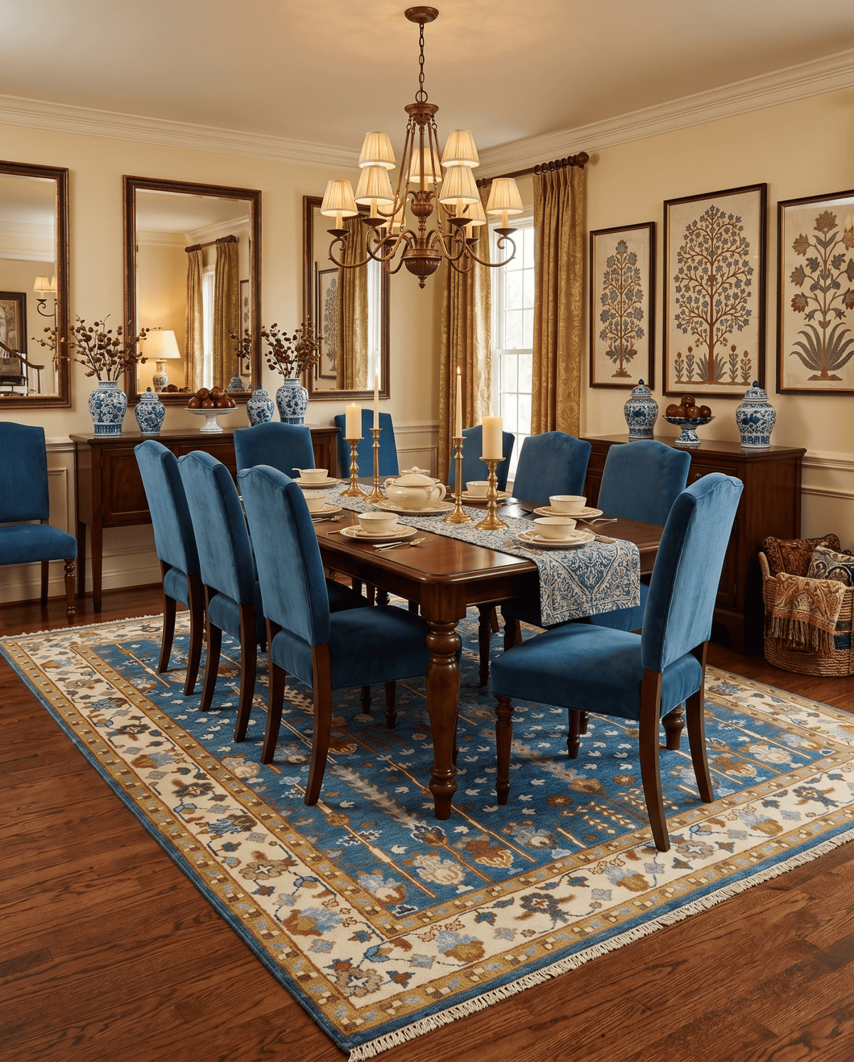 Tree of Life Traditional Hand Knotted Teal Blue and Ivory Custom Made Wool Area Rug.