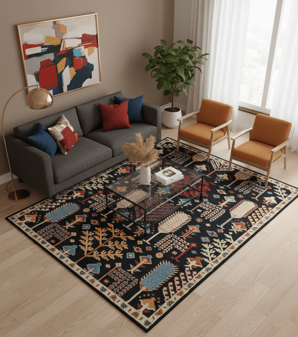 Tree of life Vibrant colorful Black, Beige, Peach and Blue Hand Knotted Traditional Oushak Custom Made wool area Rug.