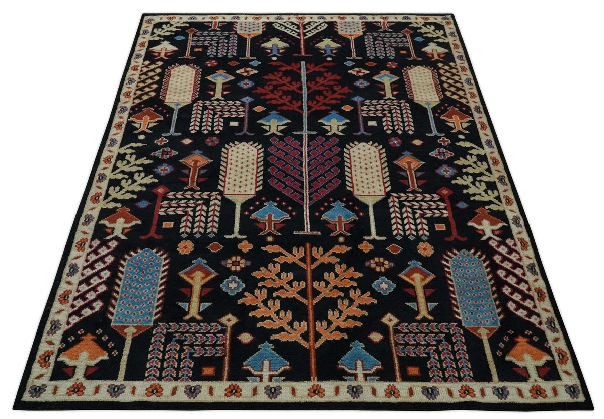 Tree of life Vibrant colorful Black, Beige, Peach and Blue Hand Knotted Traditional Oushak Custom Made wool area Rug.
