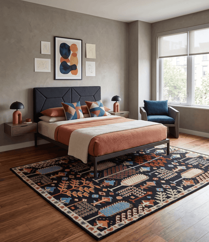 Tree of life Vibrant colorful Black, Beige, Peach and Blue Hand Knotted Traditional Oushak Custom Made wool area Rug.