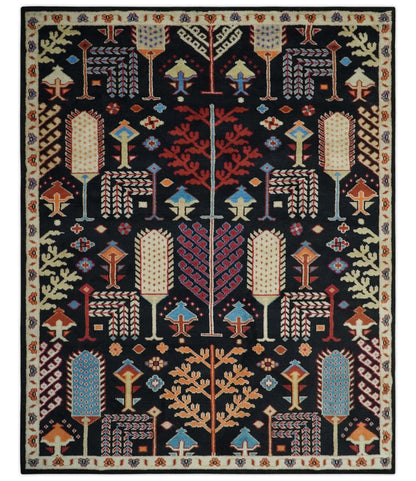 Tree of life Vibrant colorful Black, Beige, Peach and Blue Hand Knotted Traditional Oushak Custom Made wool area Rug.