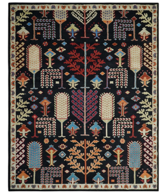 Tree of life Vibrant colorful Black, Beige, Peach and Blue Hand Knotted Traditional Oushak Custom Made wool area Rug.
