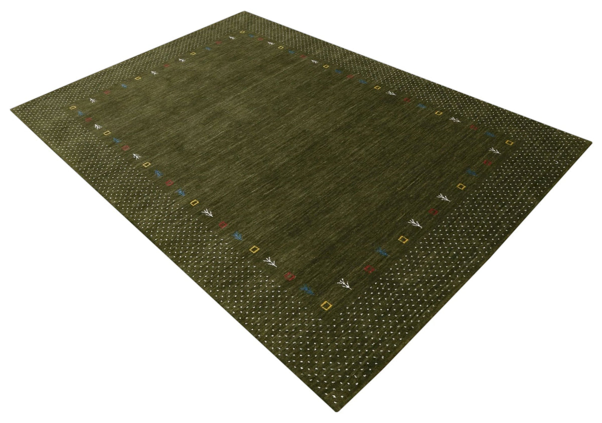 Tribal Border Design Hand Loomed Wool Area Rug.