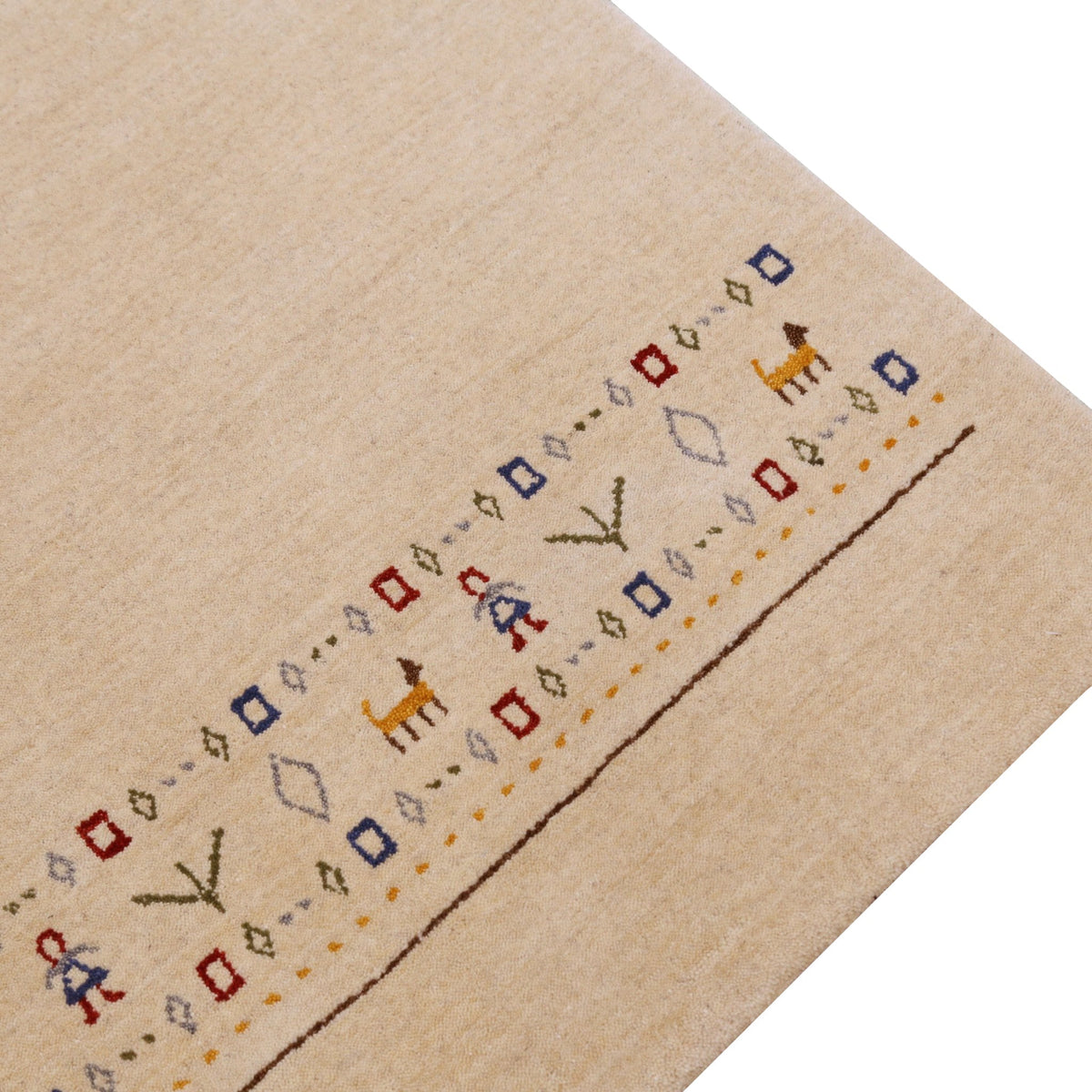 Tribal Border Ivory Design Hand Loomed Wool Area Rug.