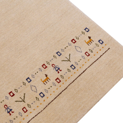 Tribal Border Ivory Design Hand Loomed Wool Area Rug.