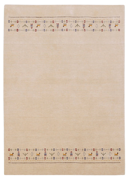 Tribal Border Ivory Design Hand Loomed Wool Area Rug.