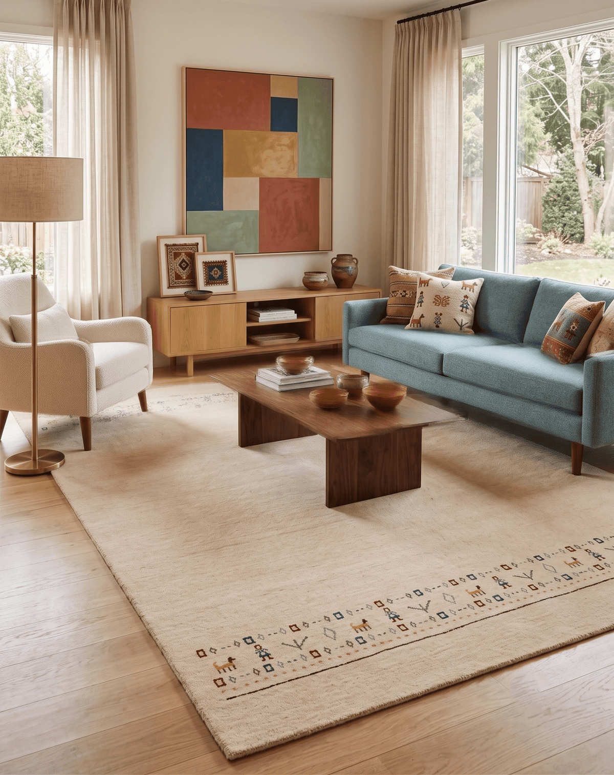 Tribal Border Ivory Design Hand Loomed Wool Area Rug.