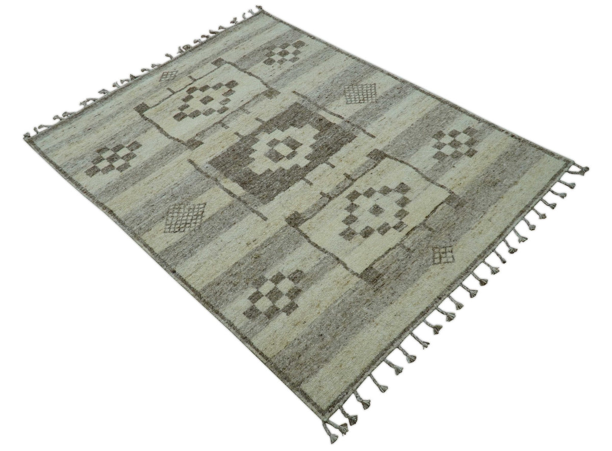 Tribal Custom Made Contemporary Beige Hand knotted Wool Area Rug.