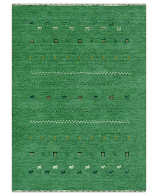 Tribal Design Green Custom Made Traditional Hand loom Wool Area Rug.