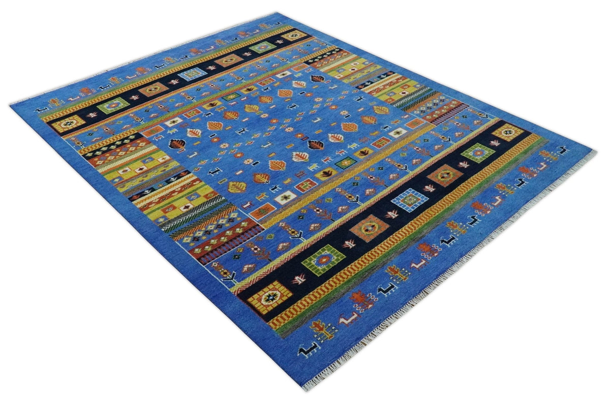 Tribal Gabbeh Blue, Black, Green and Rust Hand knotted Antique Look Traditional Wool Area Rug.