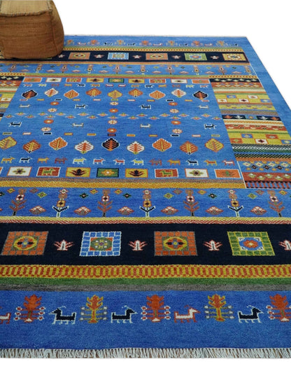 Tribal Gabbeh Blue, Black, Green and Rust Hand knotted Antique Look Traditional Wool Area Rug.