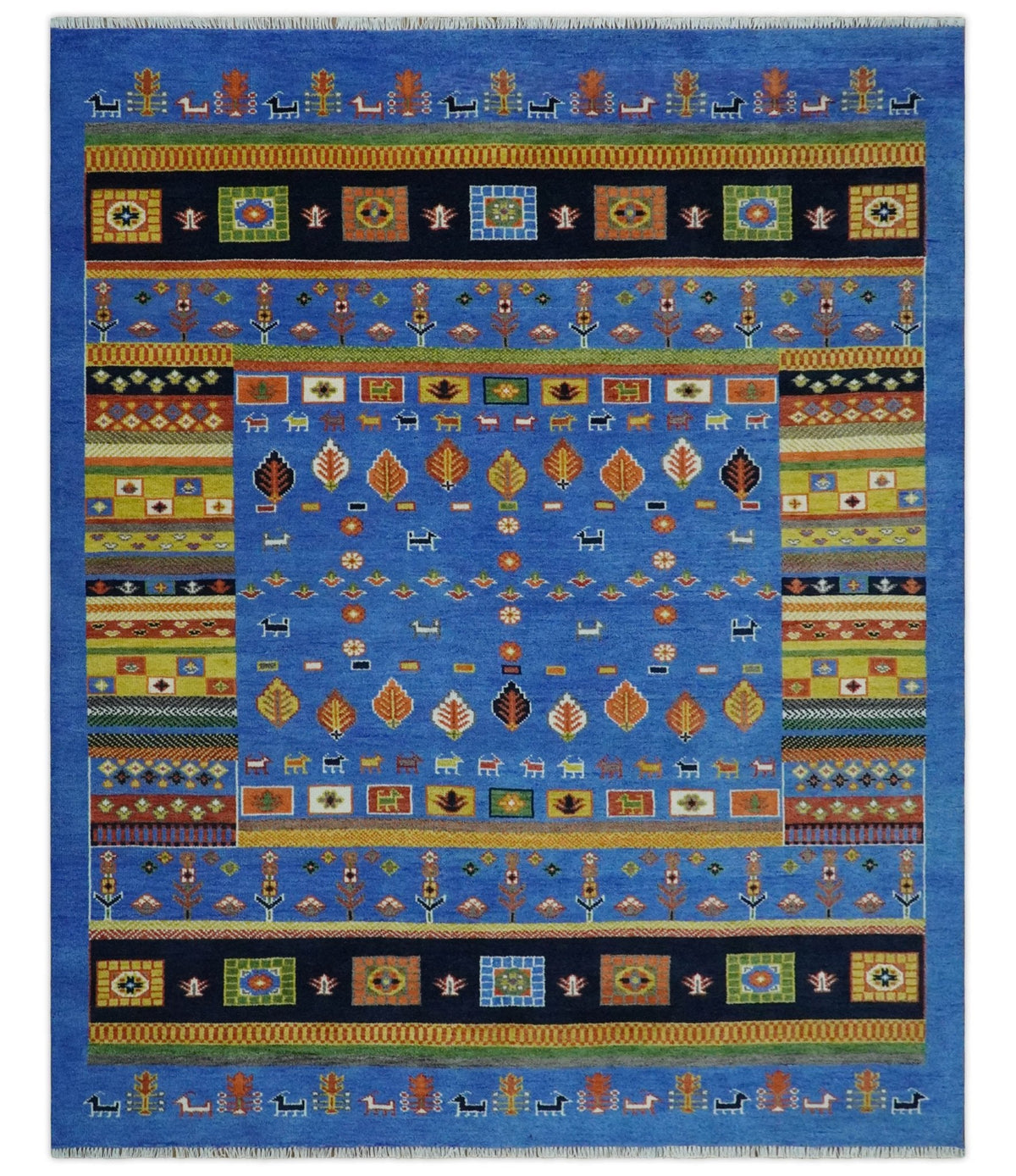 Tribal Gabbeh Blue, Black, Green and Rust Hand knotted Antique Look Traditional Wool Area Rug.