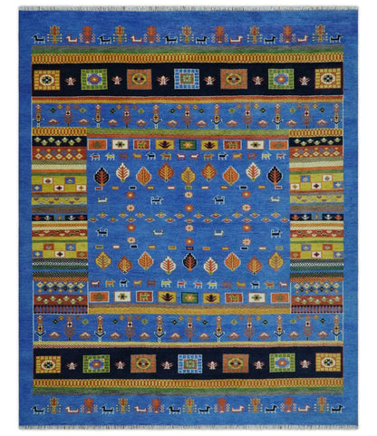 Tribal Gabbeh Blue, Black, Green and Rust Hand knotted Antique Look Traditional Wool Area Rug.