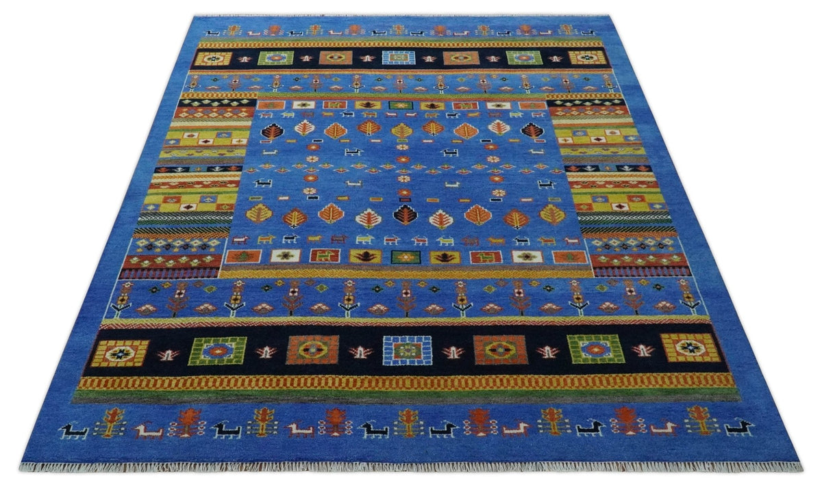 Tribal Gabbeh Blue, Black, Green and Rust Hand knotted Antique Look Traditional Wool Area Rug.