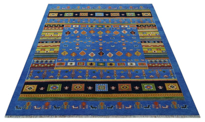 Tribal Gabbeh Blue, Black, Green and Rust Hand knotted Antique Look Traditional Wool Area Rug.