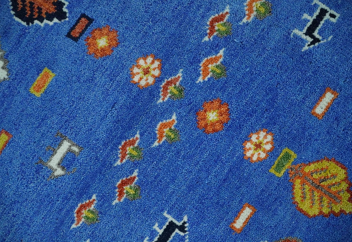 Tribal Gabbeh Blue, Black, Green and Rust Hand knotted Antique Look Traditional Wool Area Rug.