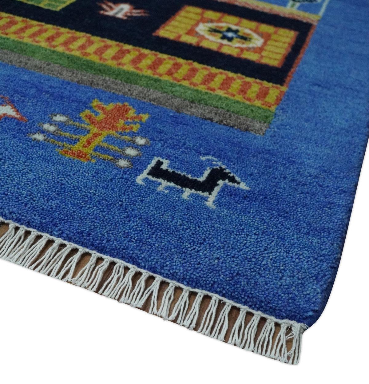 Tribal Gabbeh Blue, Black, Green and Rust Hand knotted Antique Look Traditional Wool Area Rug.