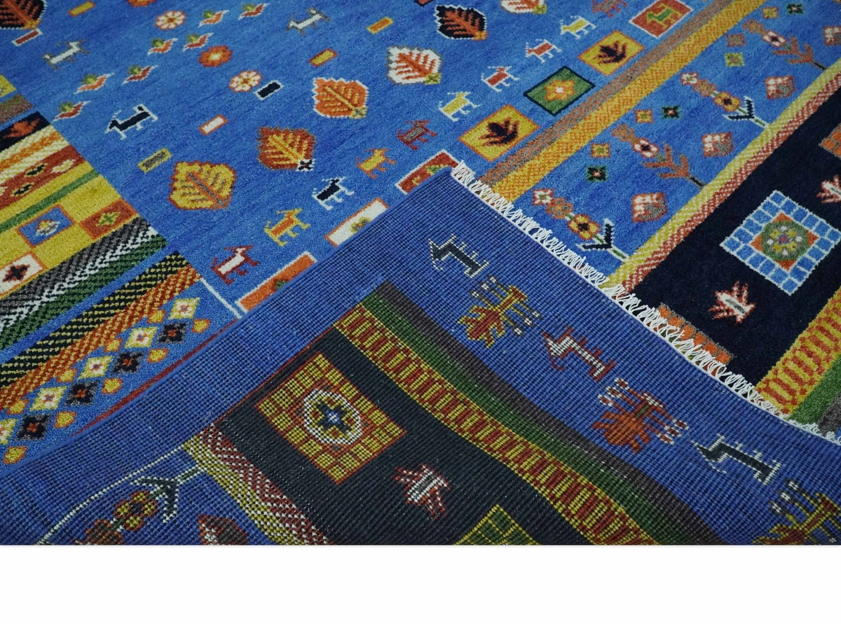 Tribal Gabbeh Blue, Black, Green and Rust Hand knotted Antique Look Traditional Wool Area Rug.