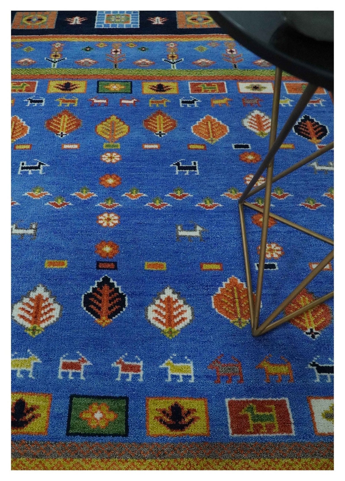 Tribal Gabbeh Blue, Black, Green and Rust Hand knotted Antique Look Traditional Wool Area Rug.